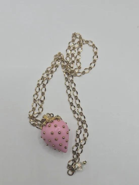 Pink Strawberry Pendant Necklace - Gold Chain - Picture 10 of 10